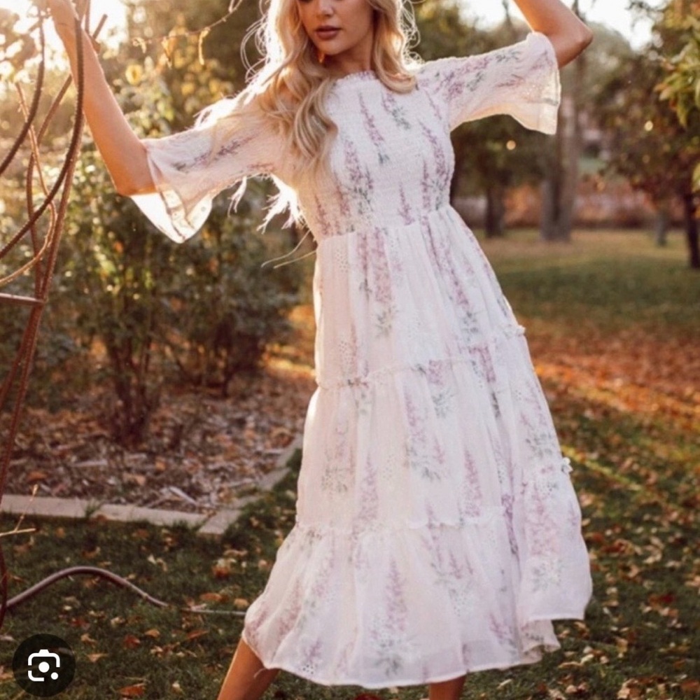 Floral Tiered Midi Dress in White